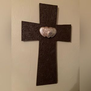 Hand made tooled leather look cross with triple heart belt buckle center